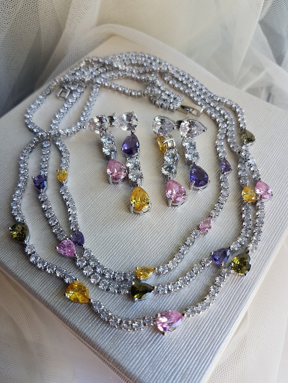 Swarovski Elements Teardrop Pink Purple & Yellow Gem Layered Necklace NEW